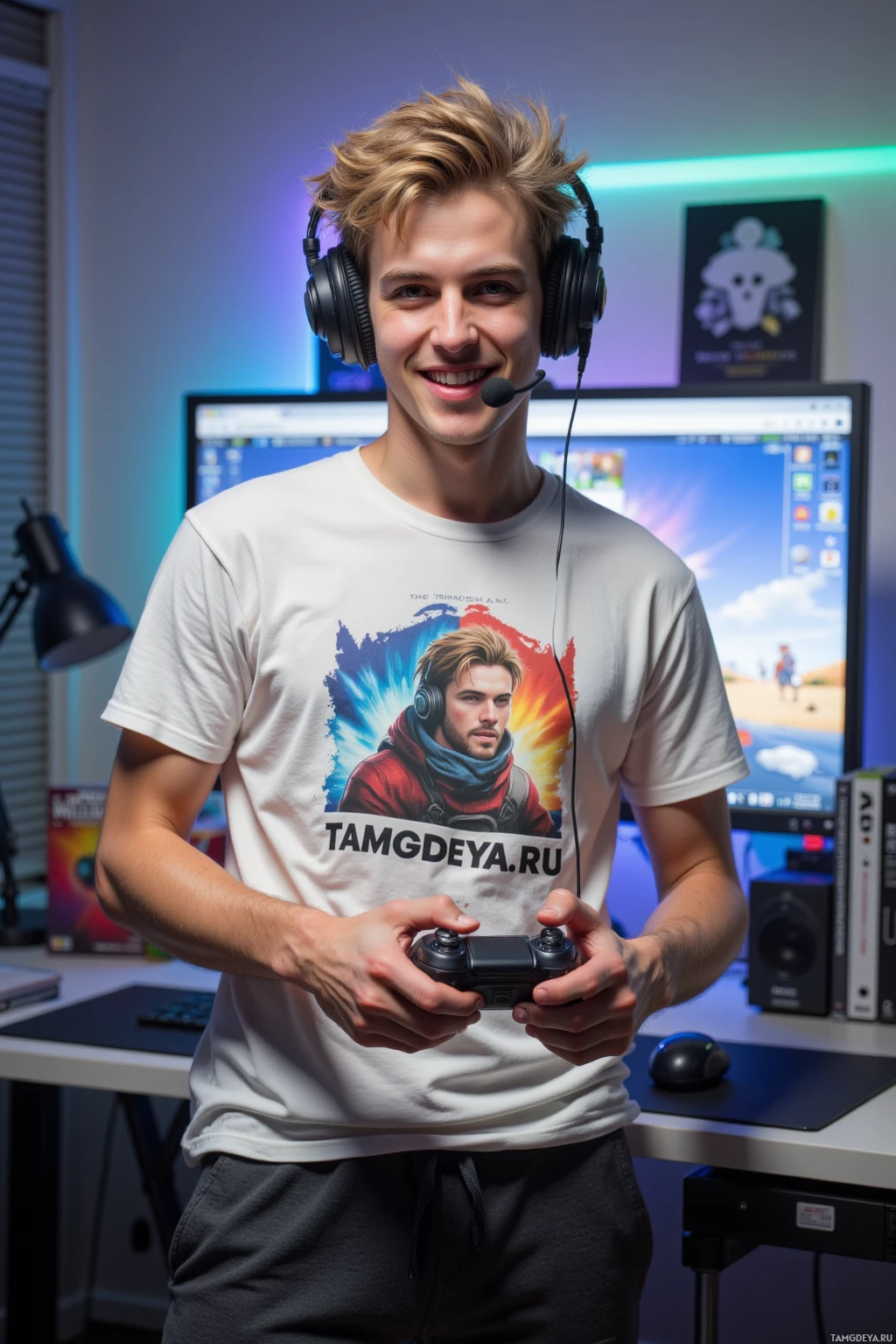 A person wearing headphones and a t-shirt stands in front of a computer setup, holding a game controller.