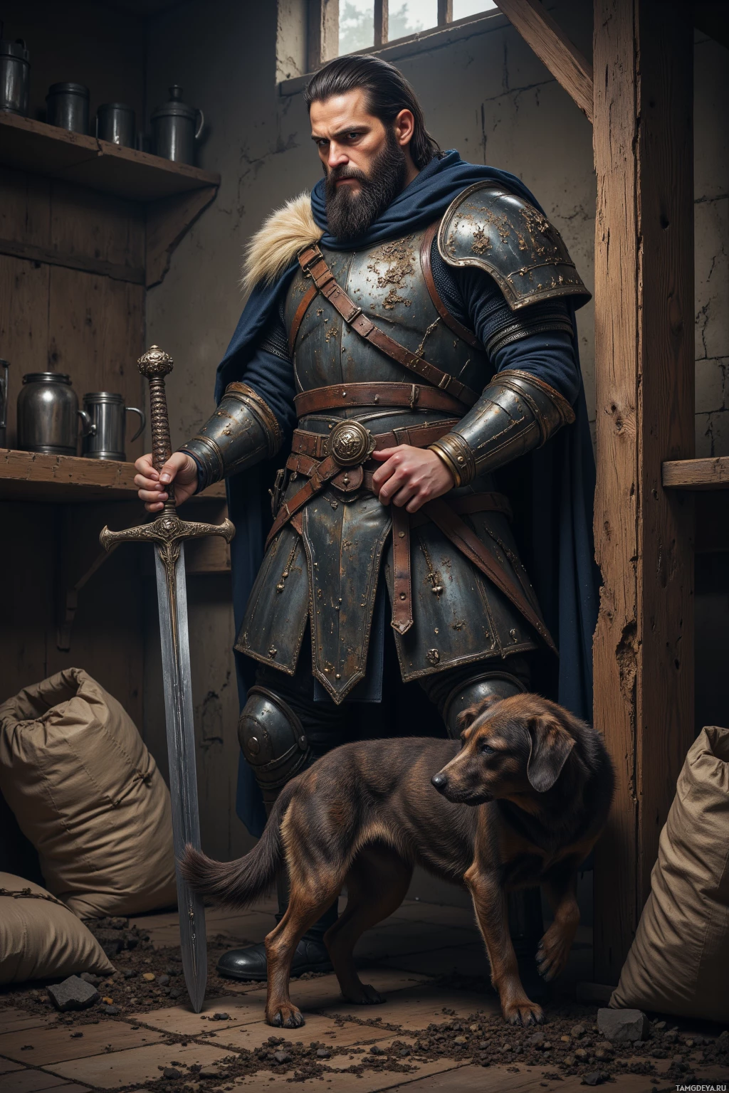 A man in medieval armor stands in a rustic room, holding a sword, with a dog at his feet.