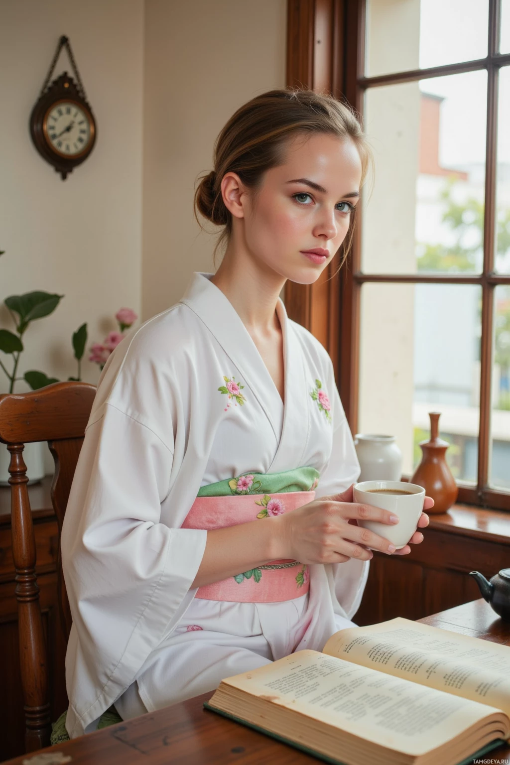 A woman in a white kimono holds a cup of tea while seated at a table with an open book.