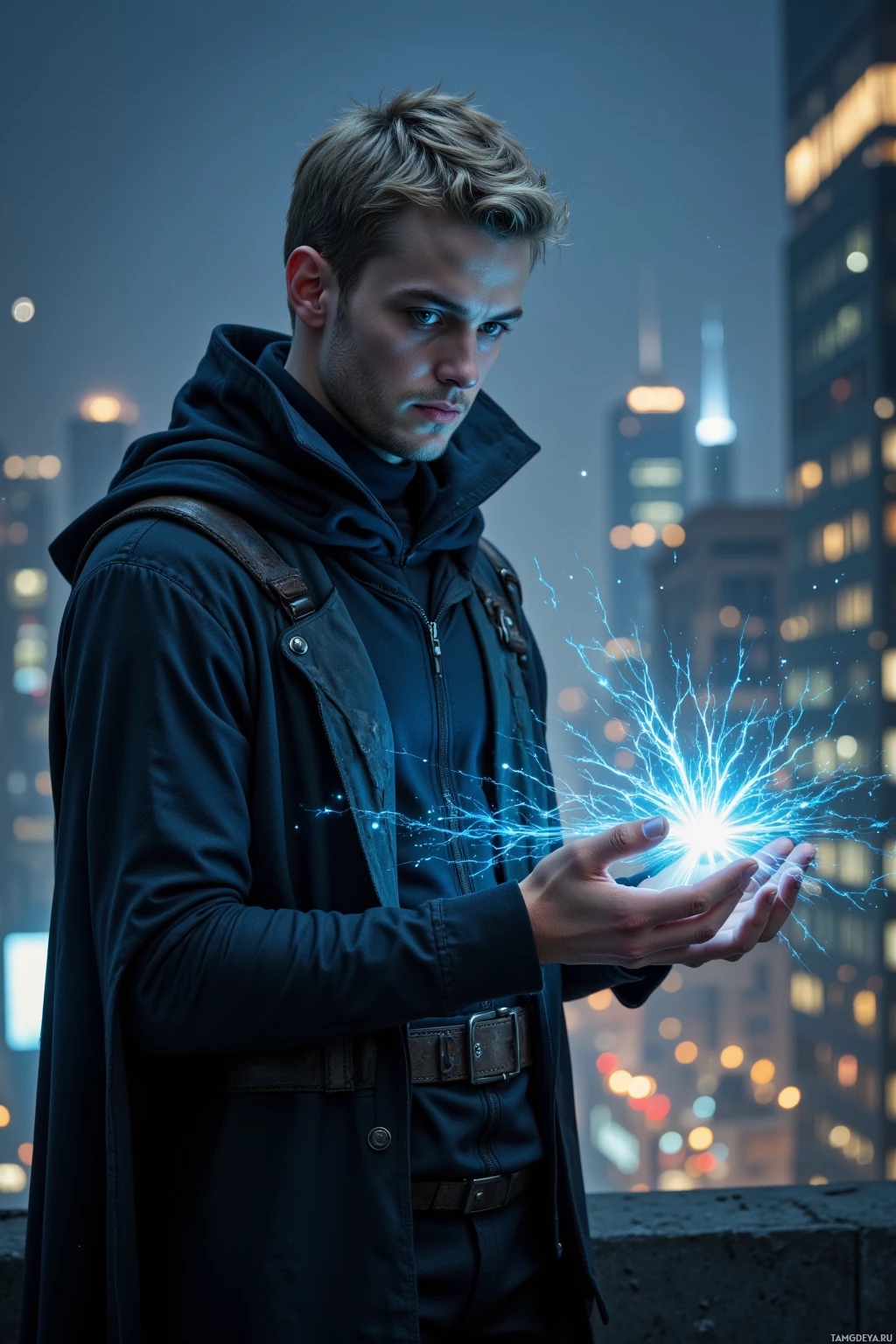 A man in a dark coat holds a glowing, electric-like energy in his hand against a cityscape backdrop.