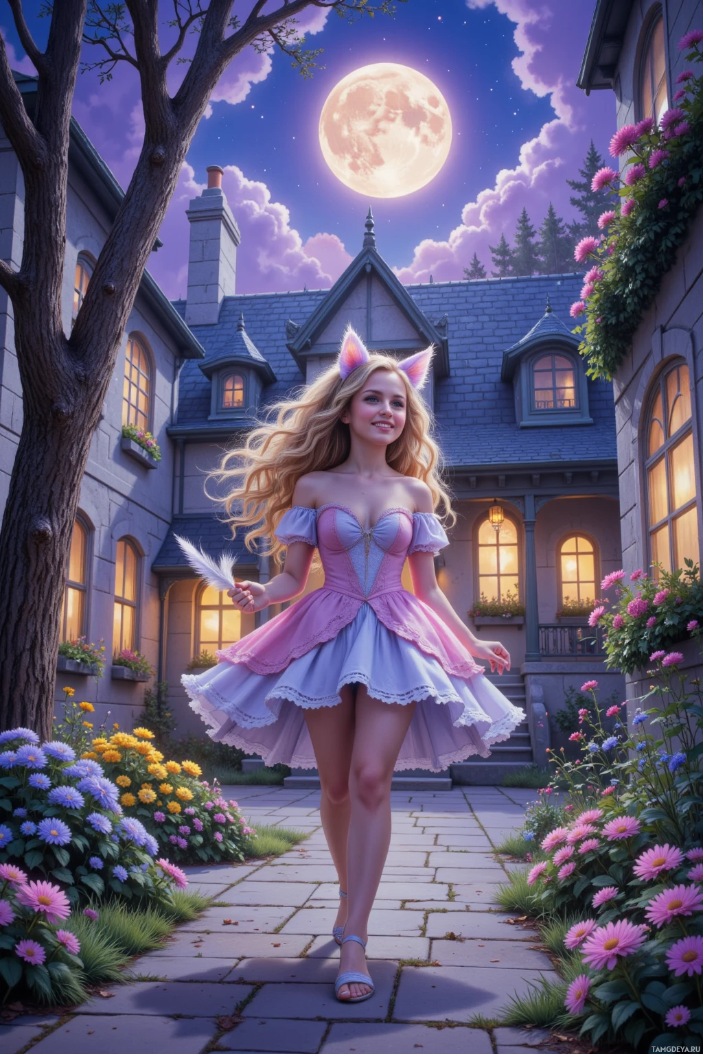 A woman in a pastel dress walks through a garden with a full moon in the sky.