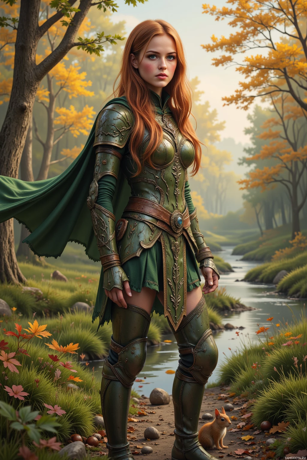 A woman in green armor stands in a forested landscape with a squirrel nearby.