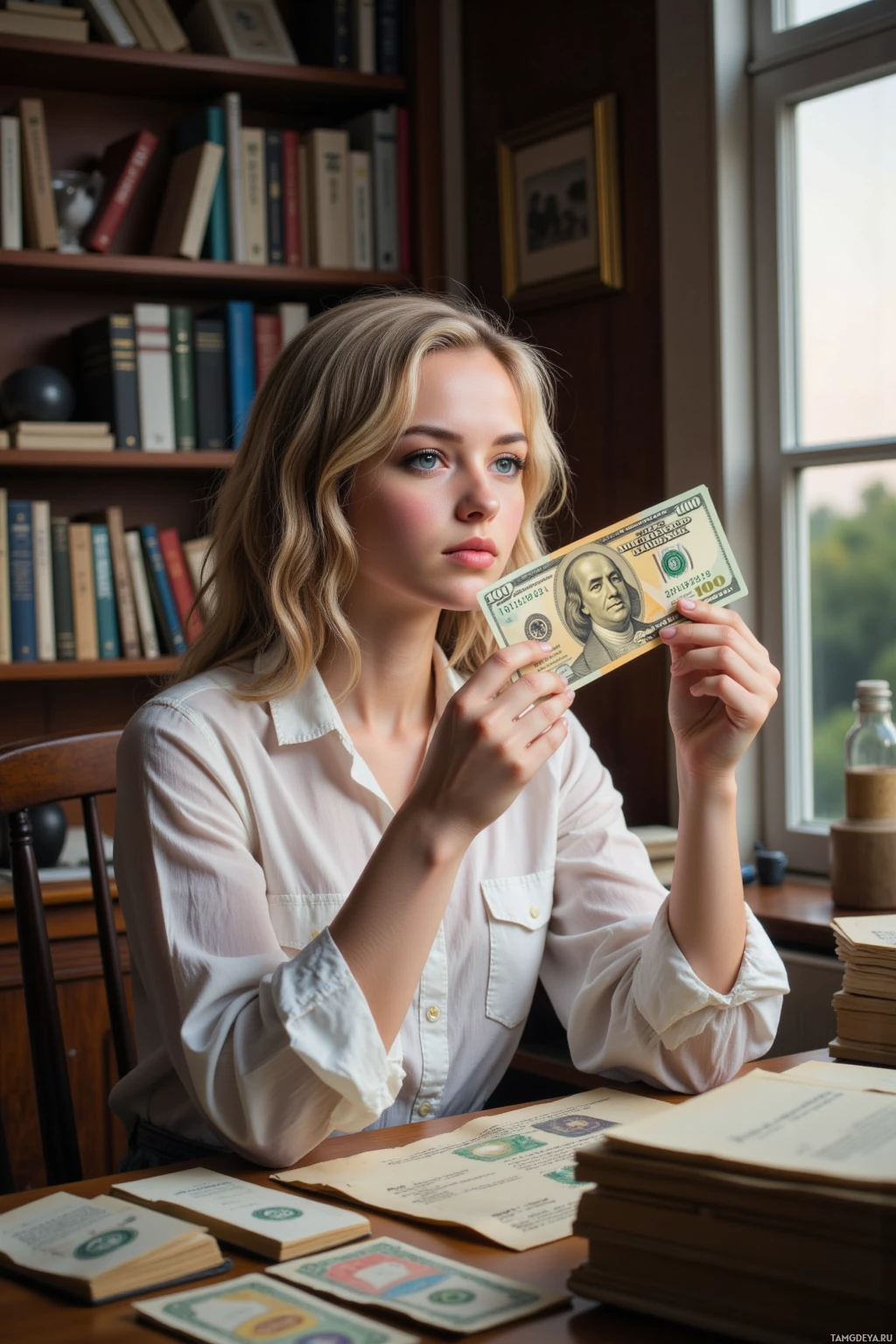 A woman in a white shirt holds a $100 bill while seated at a desk with books and papers.