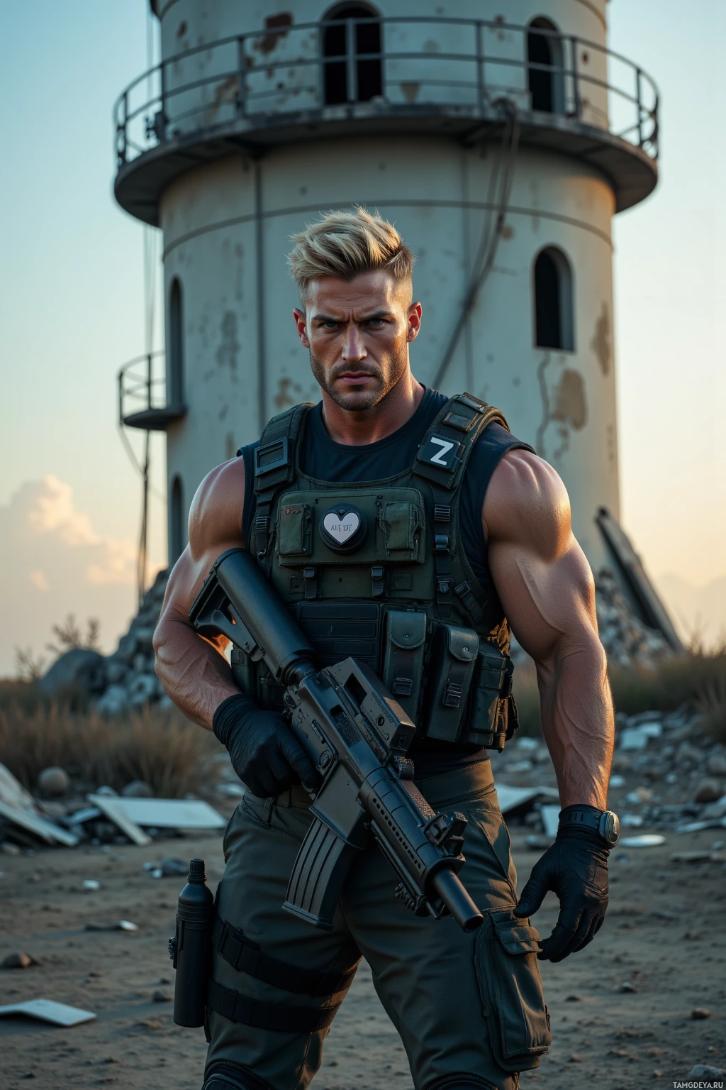 A muscular man in tactical gear stands in front of a lighthouse.
