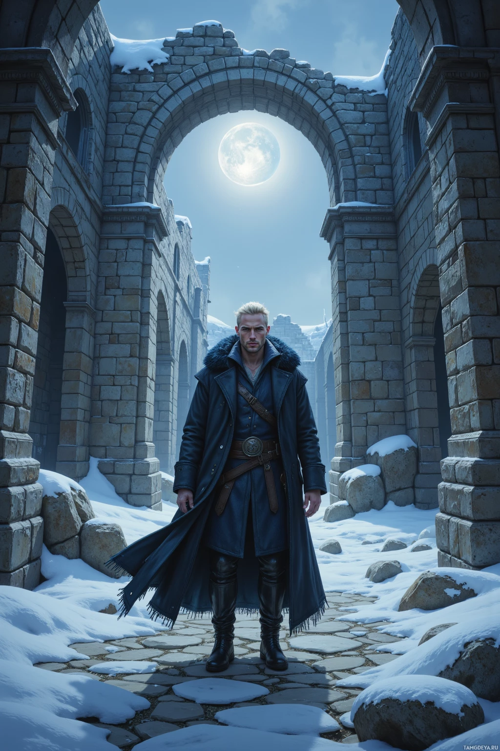 A man in a dark coat stands in a snowy, ancient stone archway under a bright moon.