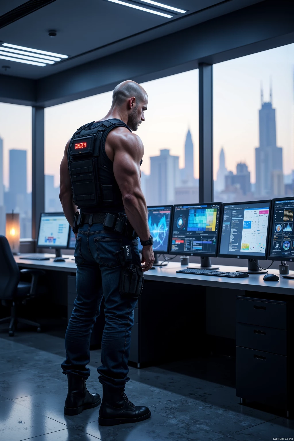 A muscular individual stands in a modern office with multiple computer monitors displaying data, overlooking a cityscape.