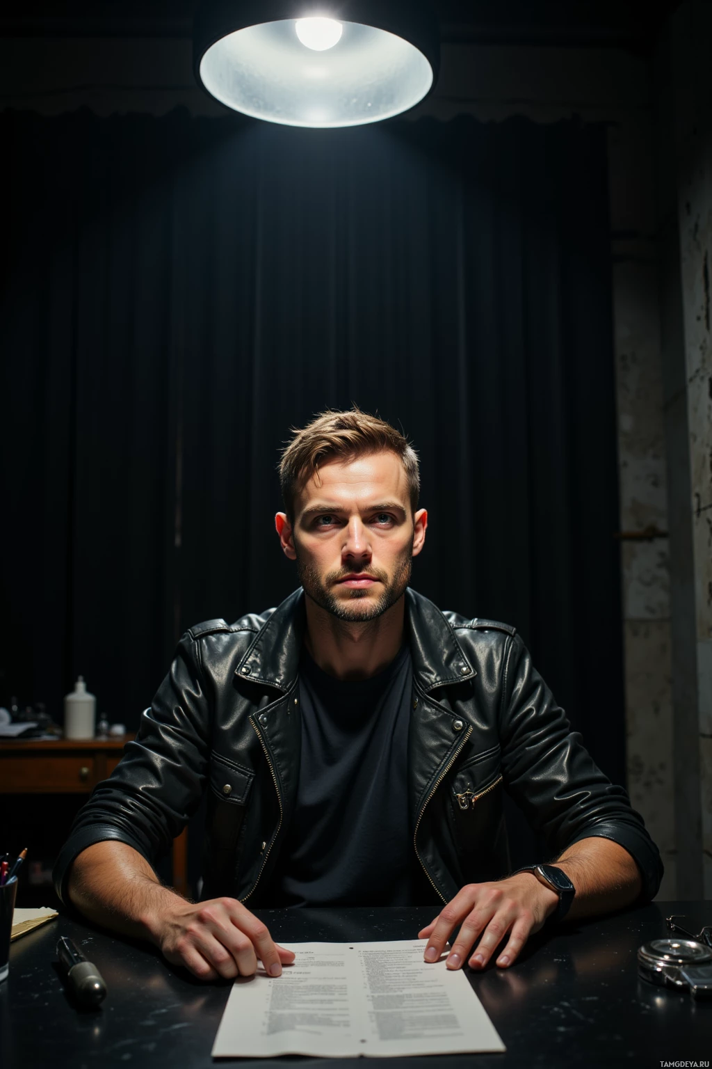 A man in a leather jacket sits at a desk with a document and a pen, illuminated by a single overhead light.