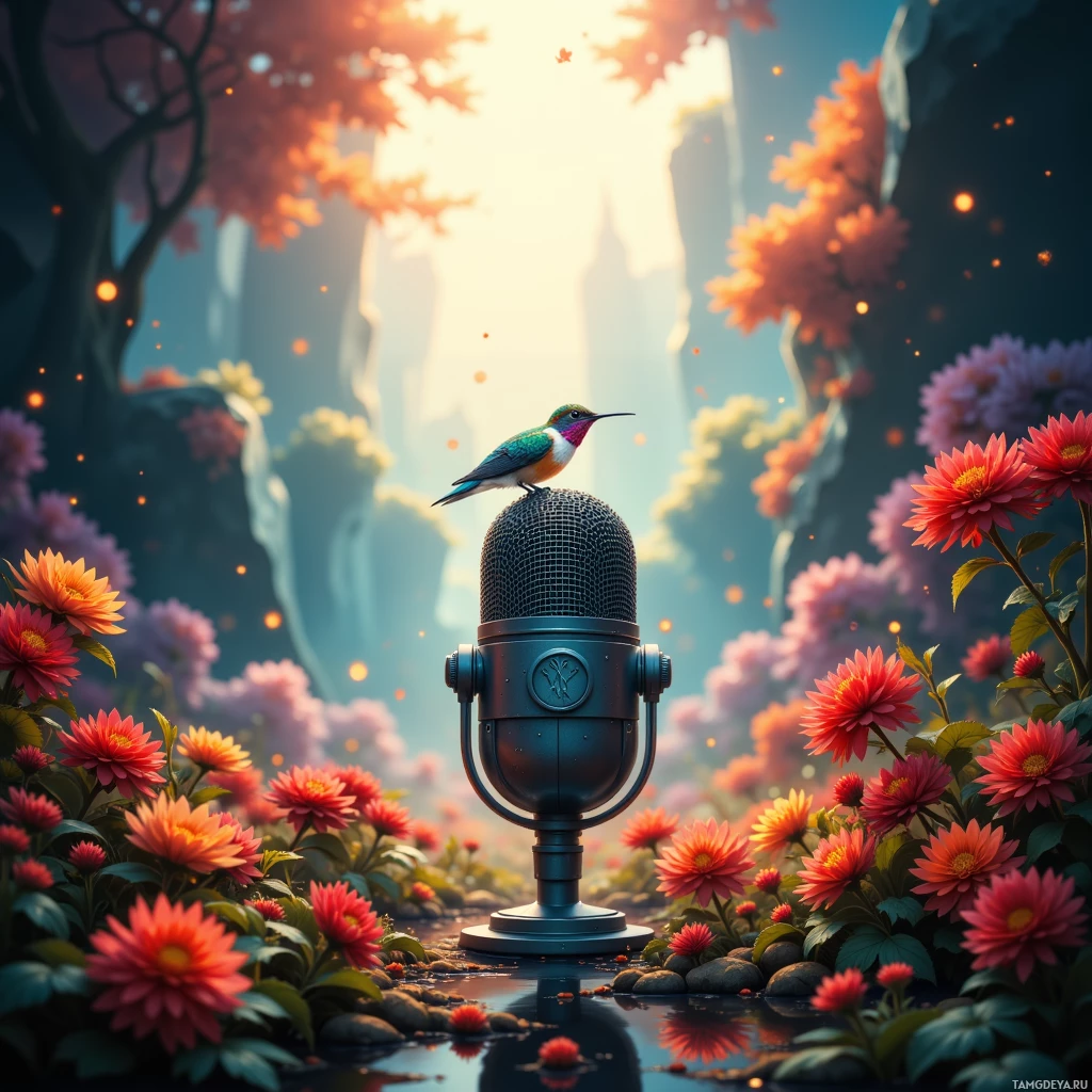 A microphone sits amidst a vibrant garden with blooming flowers and a bird perched on top.