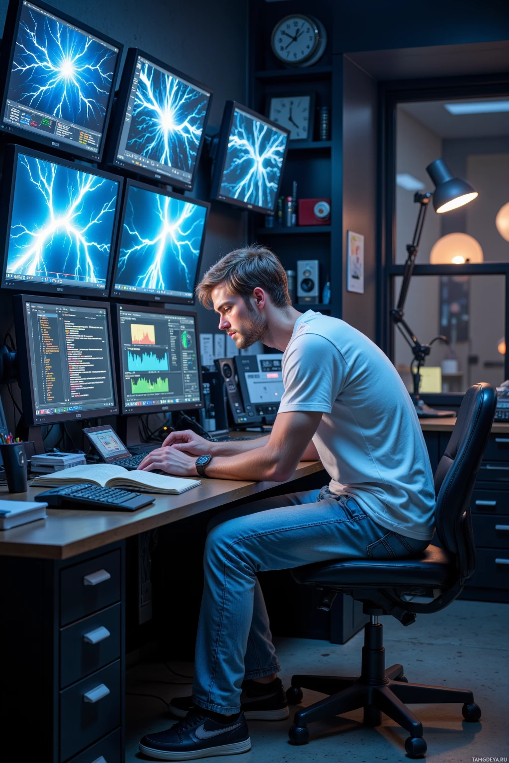 A person works at a desk with multiple computer monitors displaying lightning-like patterns.