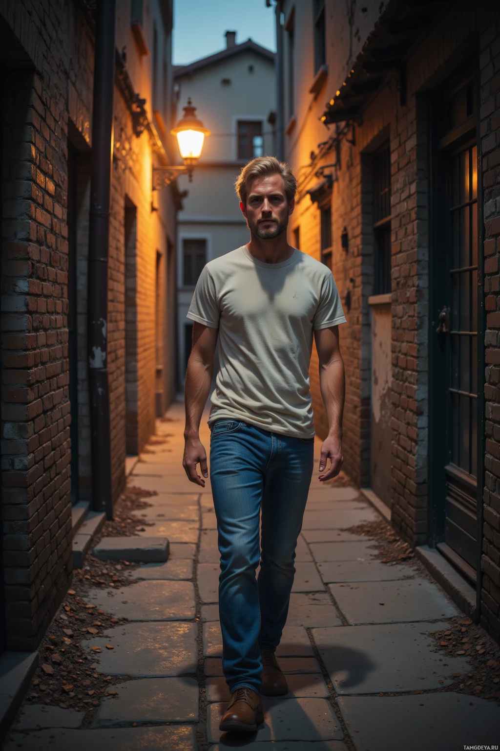 A man walks down a narrow alleyway at dusk, illuminated by streetlights.