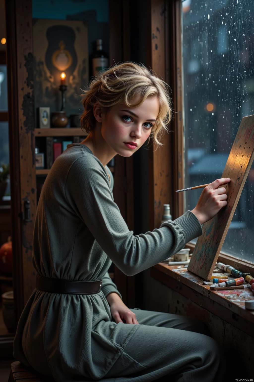 A woman sits by a window, holding a paintbrush and canvas, surrounded by artistic tools and a cozy interior.