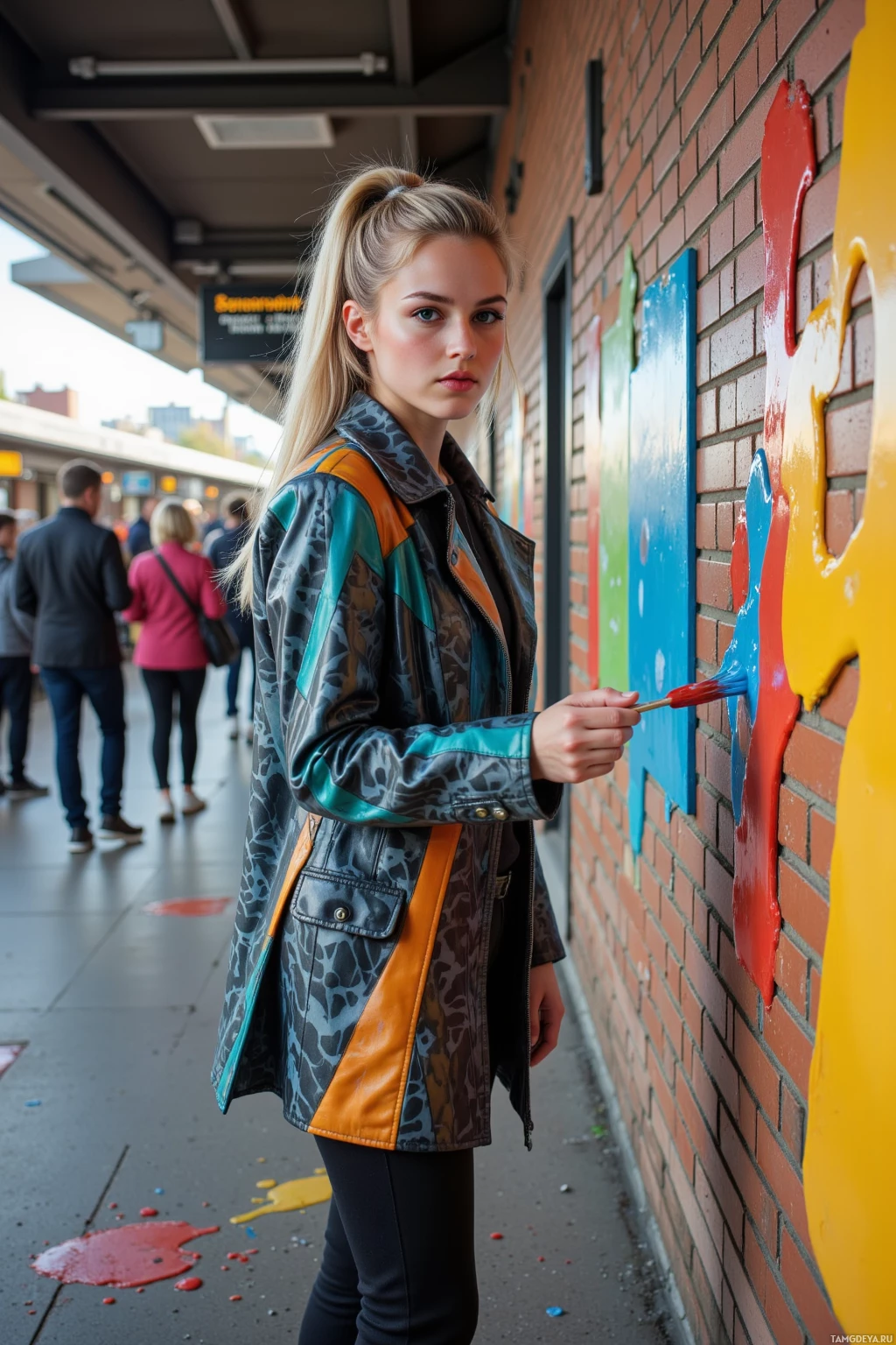 A person in a colorful jacket stands near a brick wall with paint splatters, holding a paintbrush.