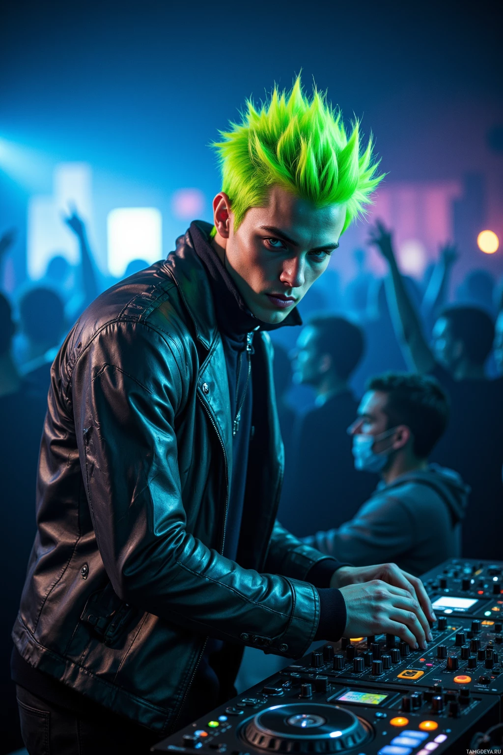 A person with bright green hair stands at a DJ booth in a nightclub setting.