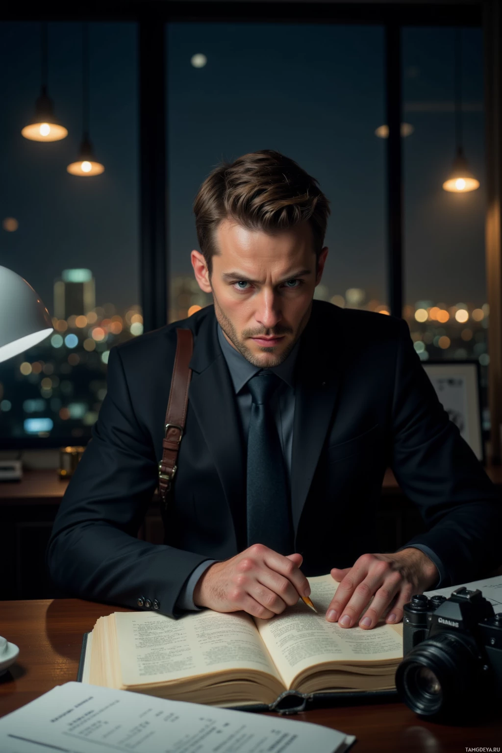 A man in a suit sits at a desk, reading a book with a cityscape visible through the window behind him.