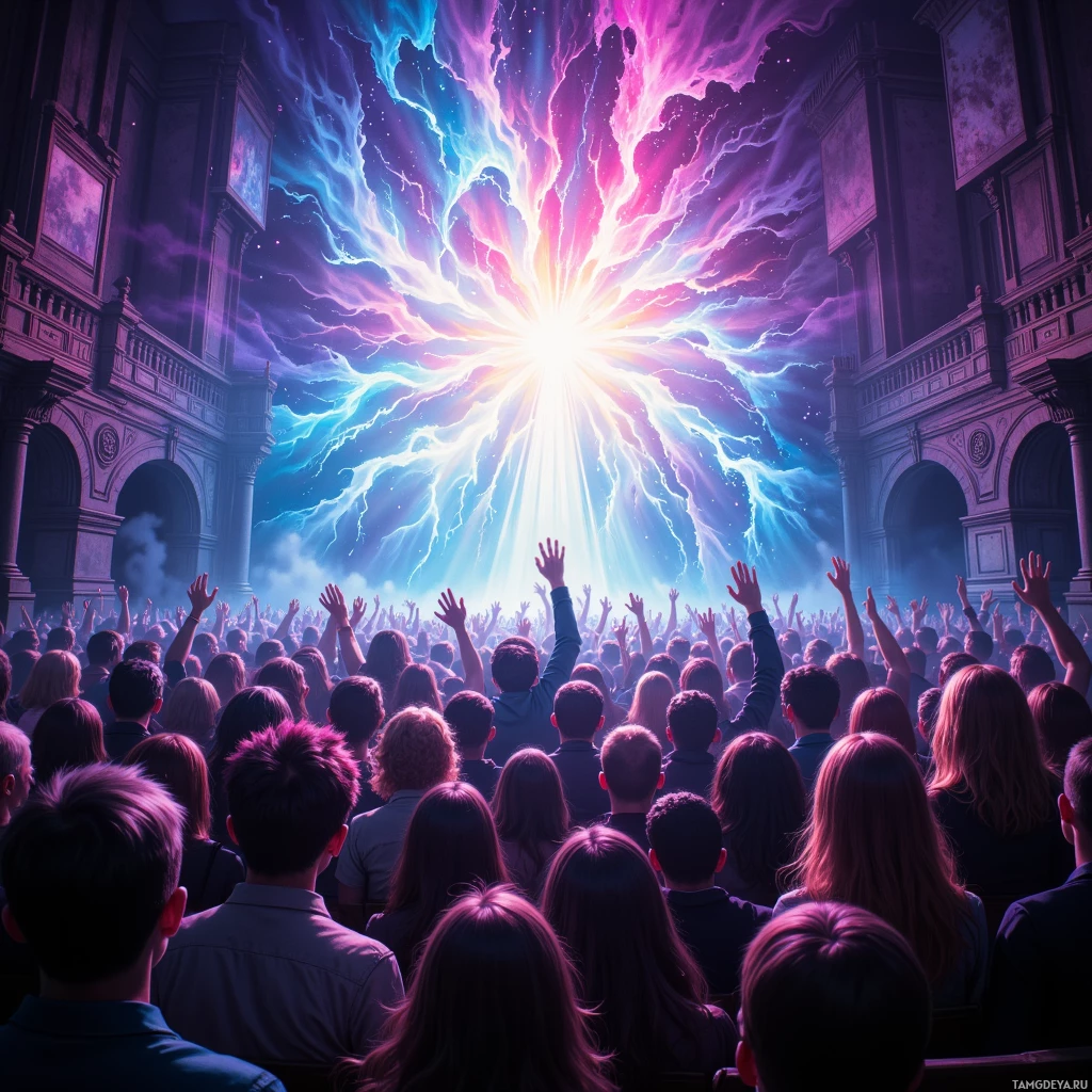 A crowd of people with raised hands in a grand hall under a vibrant, electric sky.