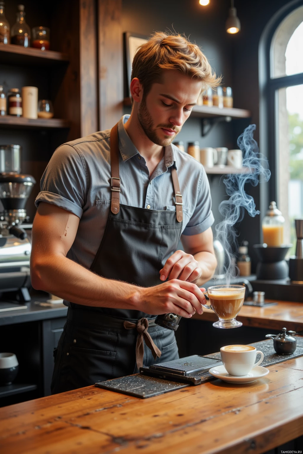 A barista pours a steaming latte into a glass cup in a cozy coffee shop.