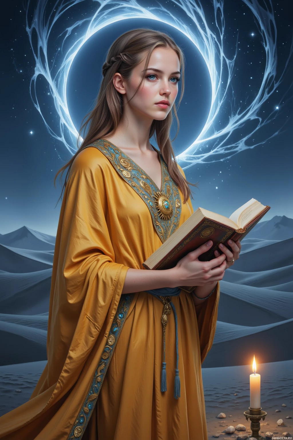 A woman in a golden robe holds an open book, standing in a desert under a night sky with a glowing moon.