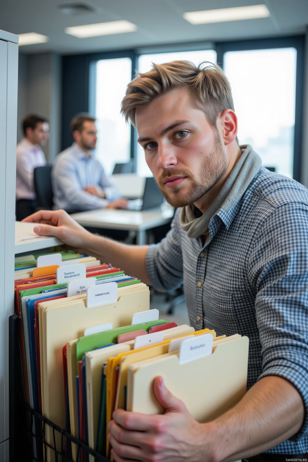 A man in a checkered shirt is organizing files in an office setting.