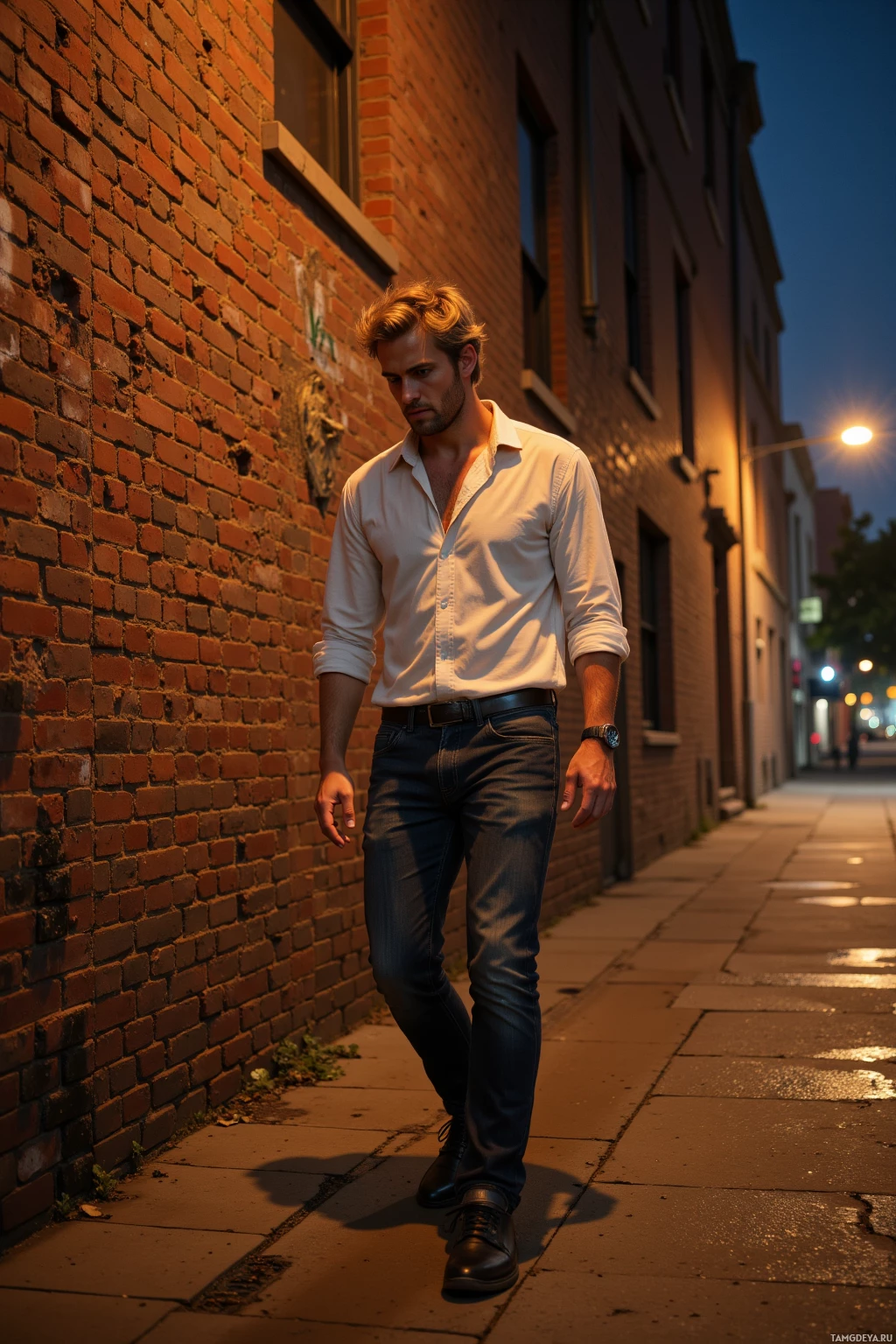 A man in a white shirt and jeans walks along a brick-lined street at dusk.