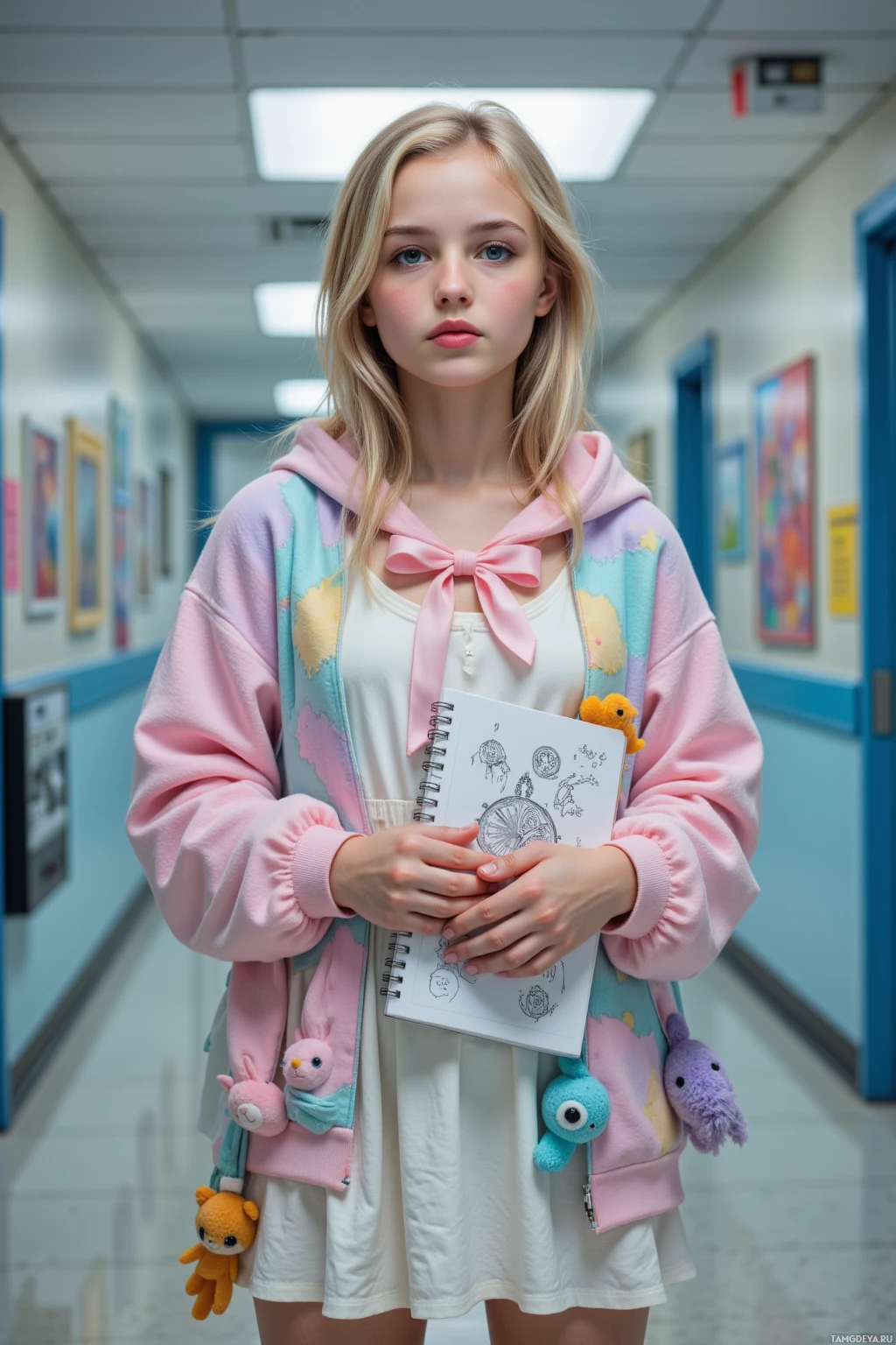 A young person stands in a hallway, wearing a pastel-colored hoodie and holding a notebook.