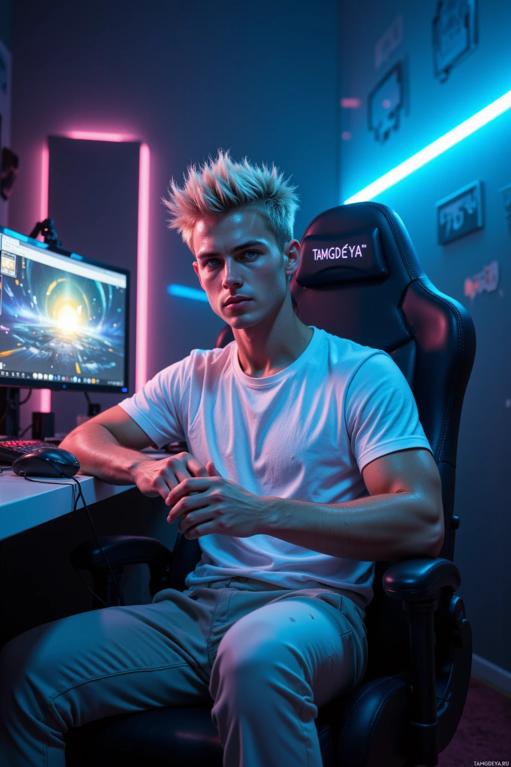 A person sits in a gaming chair in a room illuminated by neon lights, facing a computer monitor.