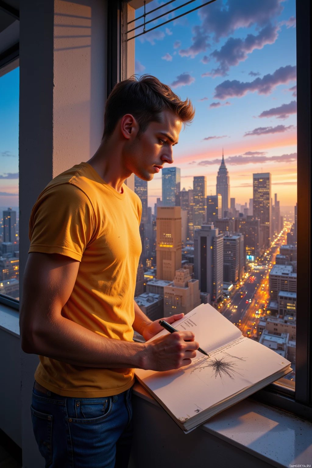 A person in a yellow shirt is sketching at a window with a cityscape view.