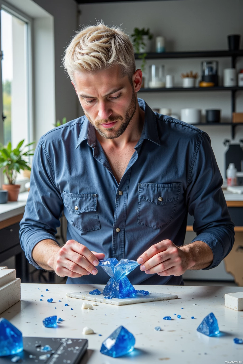 A man in a blue shirt is working with blue crystal-like objects on a white surface.