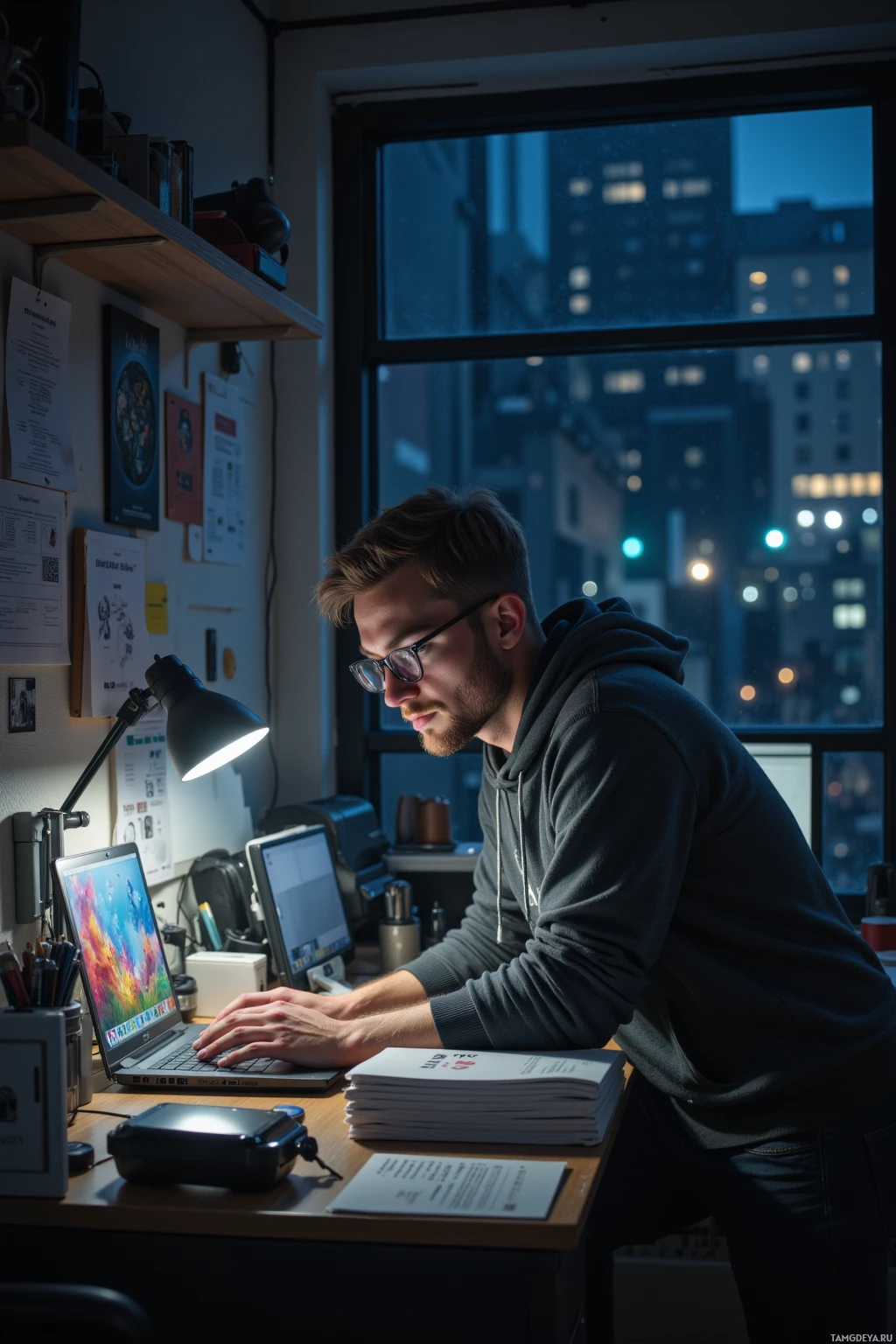 A person works at a desk with a laptop and documents, illuminated by a desk lamp, against a cityscape at night.