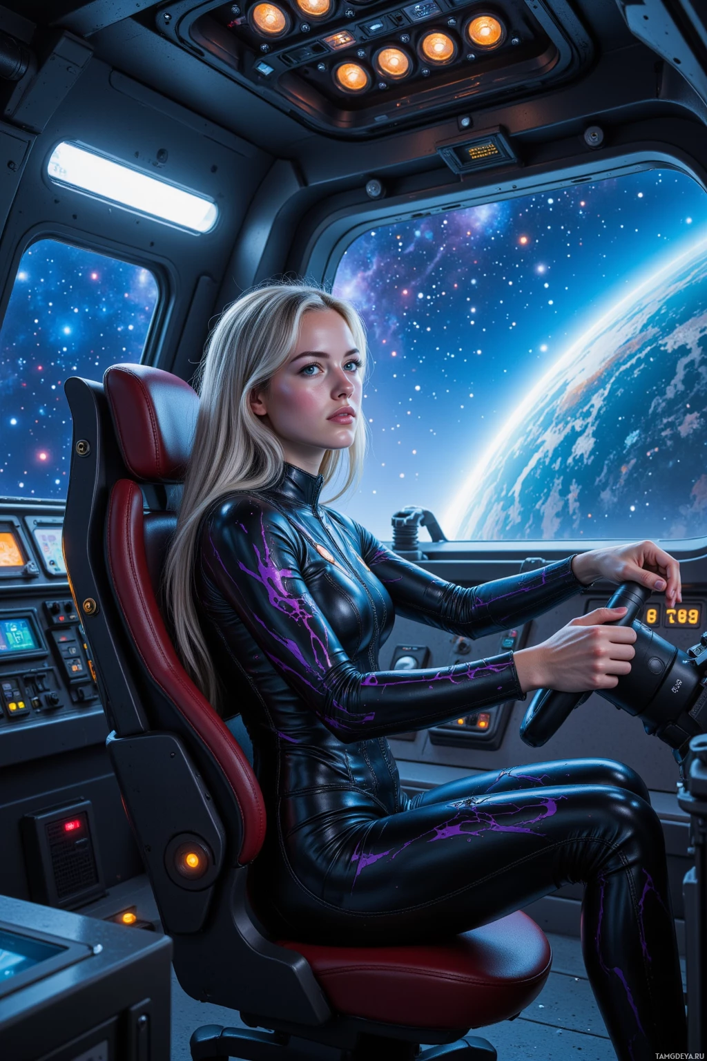 A person in a futuristic space suit sits in a cockpit, gazing out at a starry space scene.
