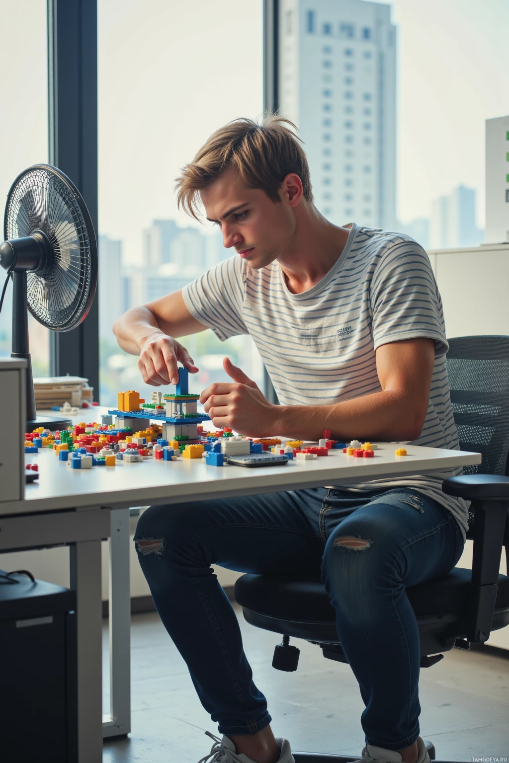A person is sitting at a desk assembling a LEGO structure.