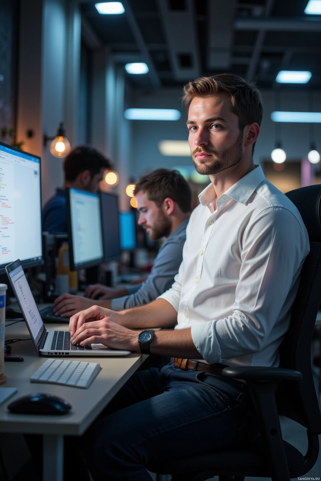 A man in a white shirt works at a desk in an office environment.