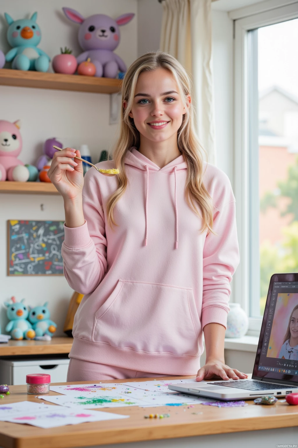 A person in a pink hoodie stands in a room with a laptop and colorful decorations.