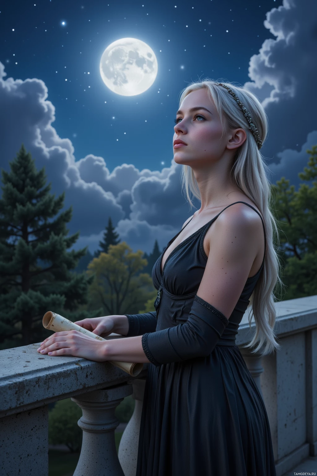 A woman in a black dress stands on a balcony under a night sky with a full moon.