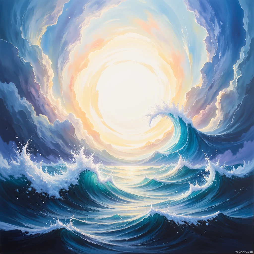 A swirling vortex of ocean waves and sky, illuminated by a bright light at the center.