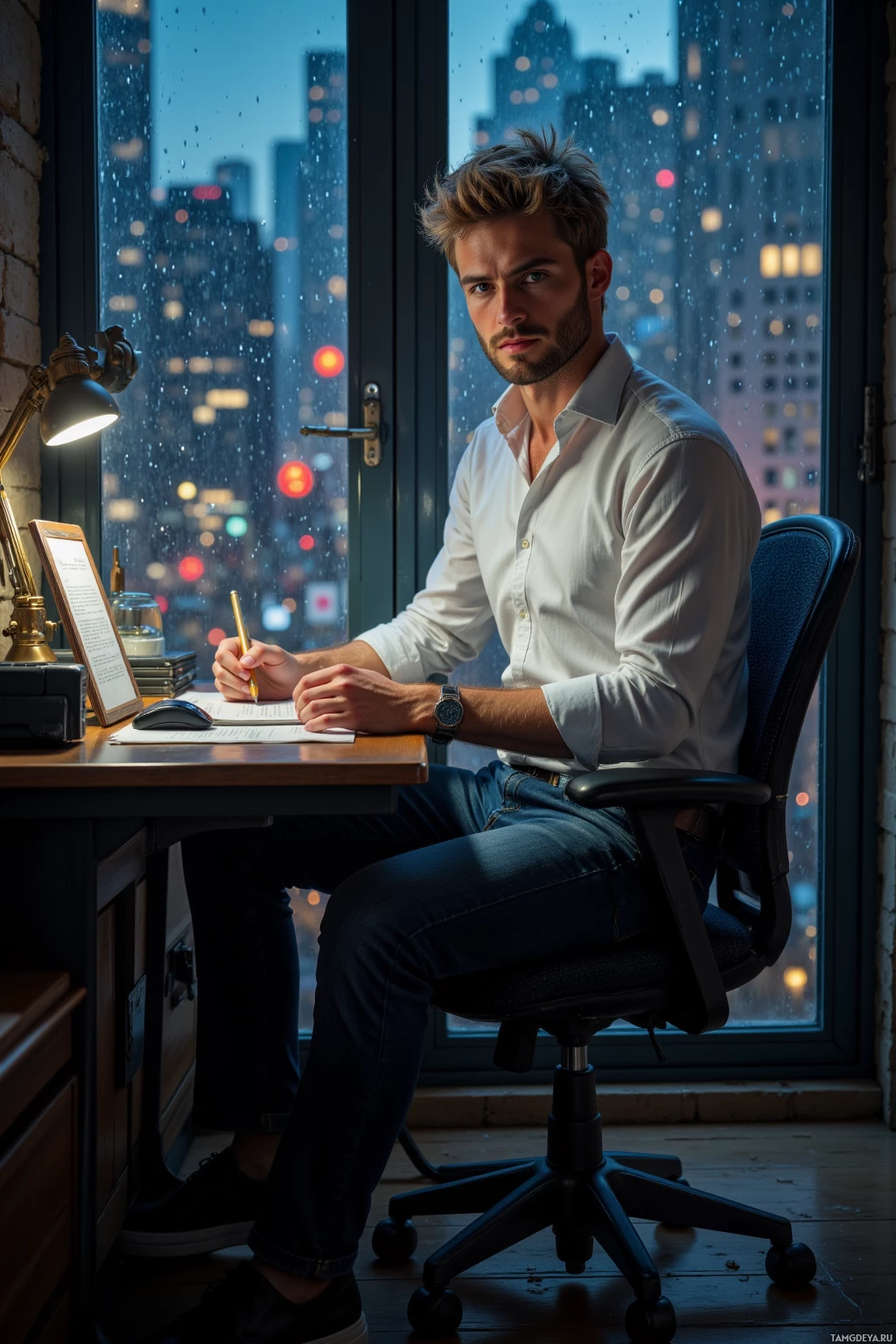 A man sits at a desk by a window with a cityscape view, writing on a document.