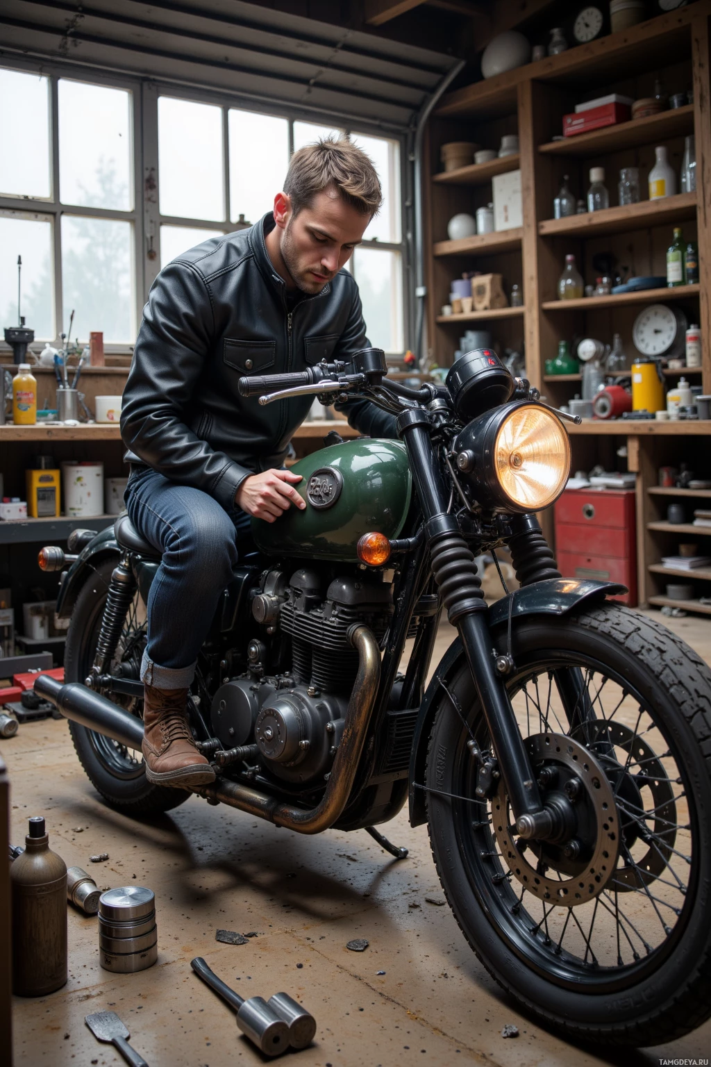 A man in a leather jacket sits on a green motorcycle in a workshop.
