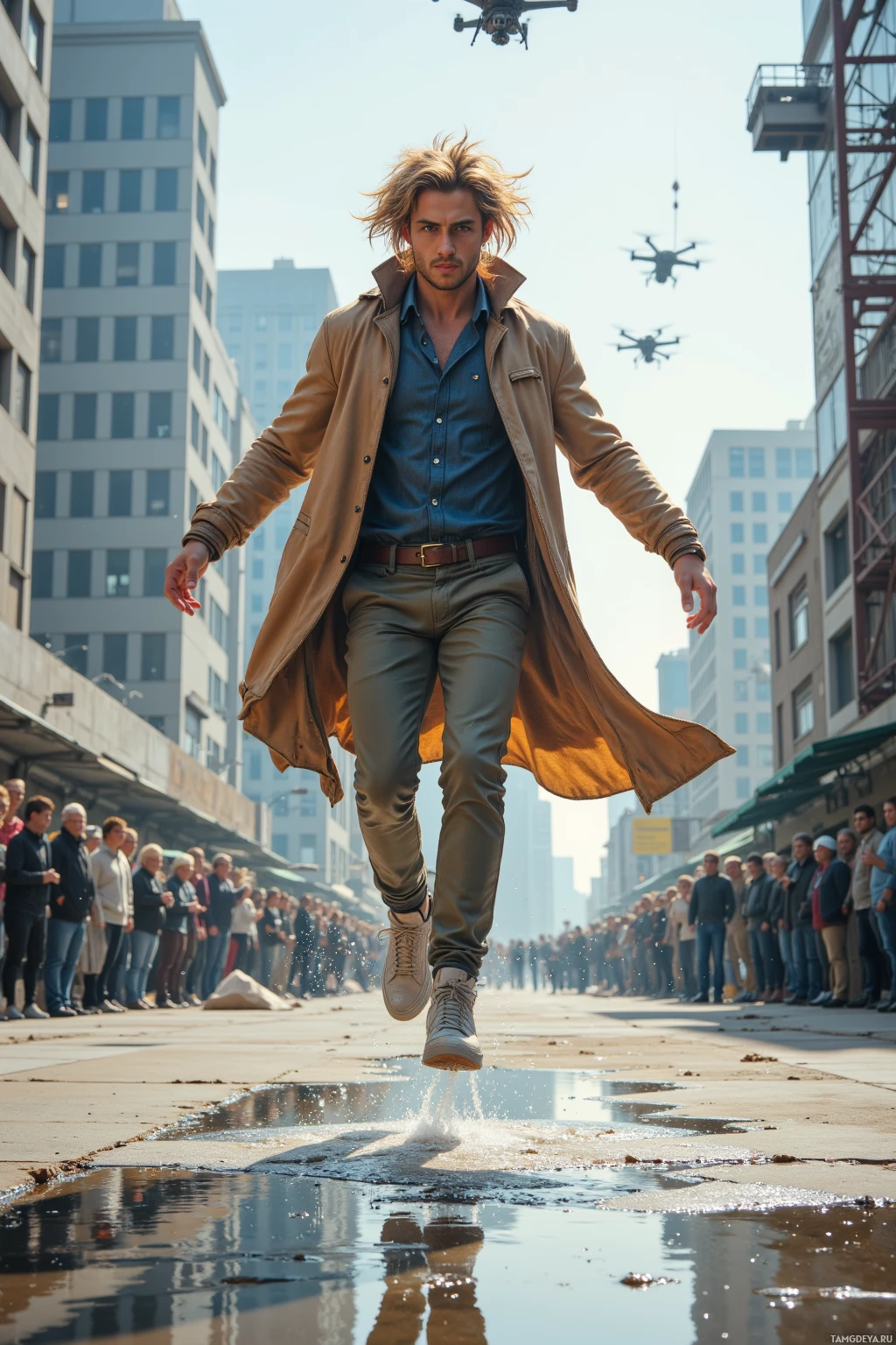 A man in a trench coat and casual attire jumps over a puddle in a city street, with onlookers and drones in the background.