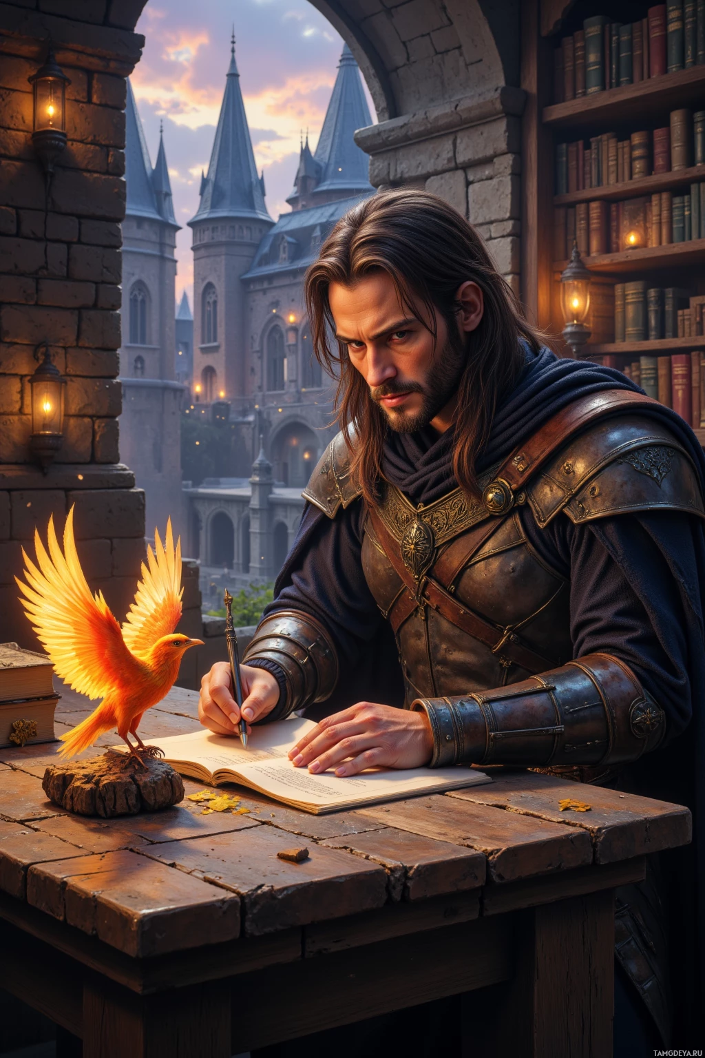 A knight in armor sits at a table, writing in a book with a glowing bird perched nearby.