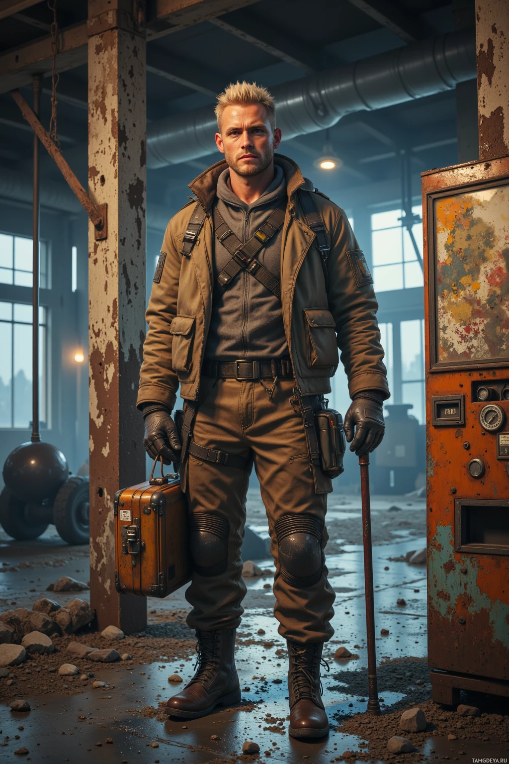 A man in a rugged outfit stands in a dimly lit industrial setting, holding a suitcase and a cane.