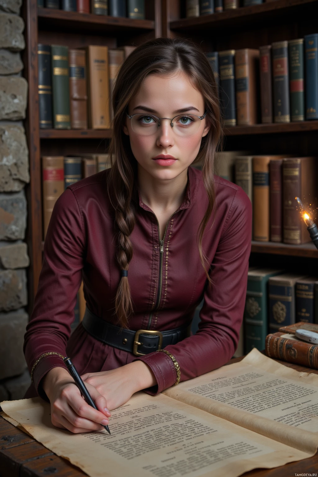 A person in a maroon dress sits at a desk with a quill and parchment, surrounded by bookshelves.