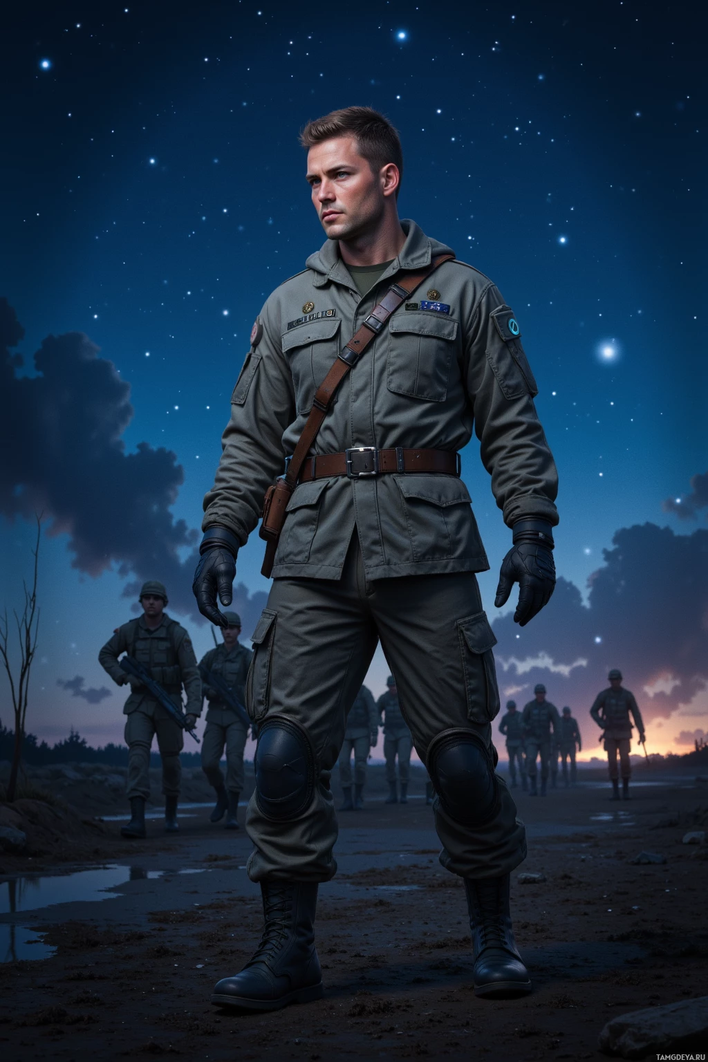 A soldier in a military uniform stands in the foreground with other soldiers in the background under a starry sky.