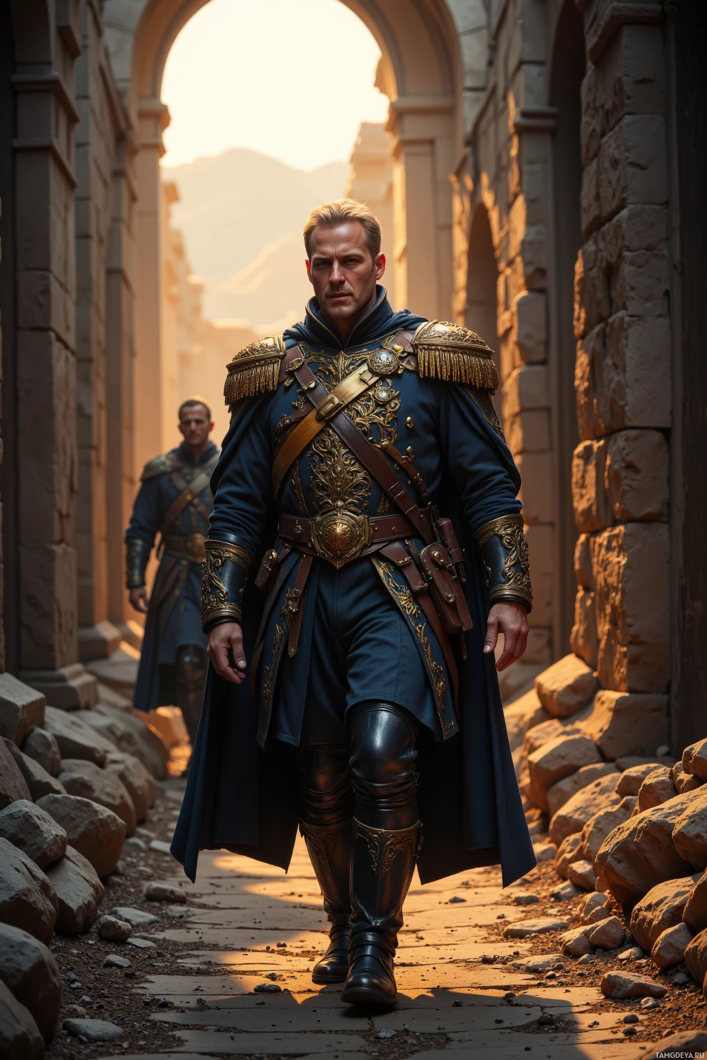 A man in ornate armor walks through an ancient stone corridor.
