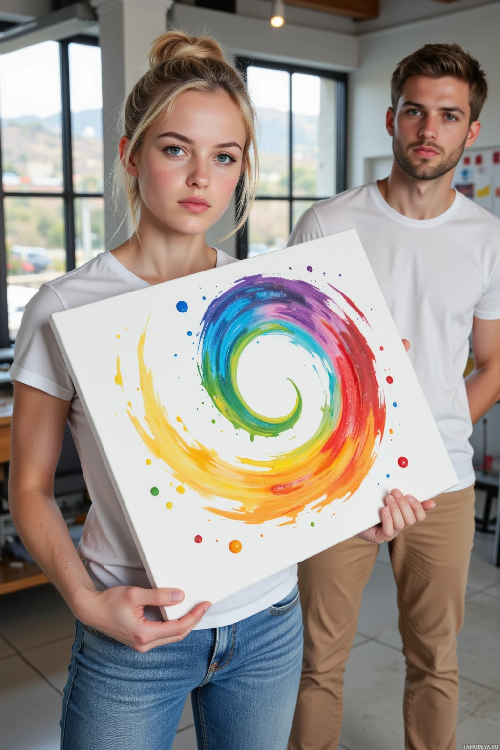 A woman holds a colorful abstract painting while standing with a man in a modern office setting.