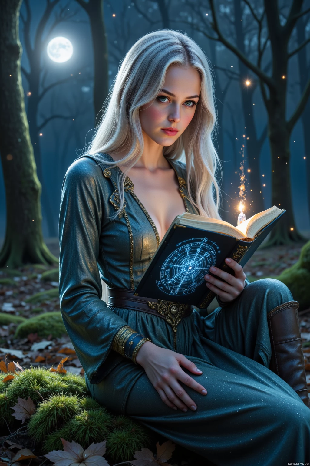 A woman in a green dress sits in a forest, holding an open book with glowing symbols.