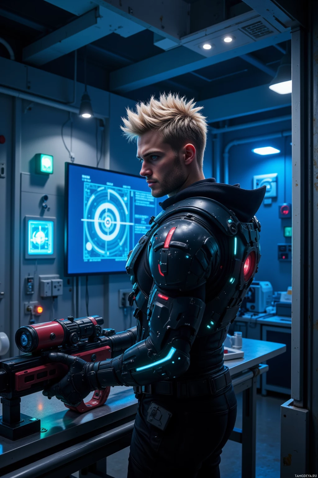 A futuristic soldier in a high-tech environment holds a large, advanced weapon.