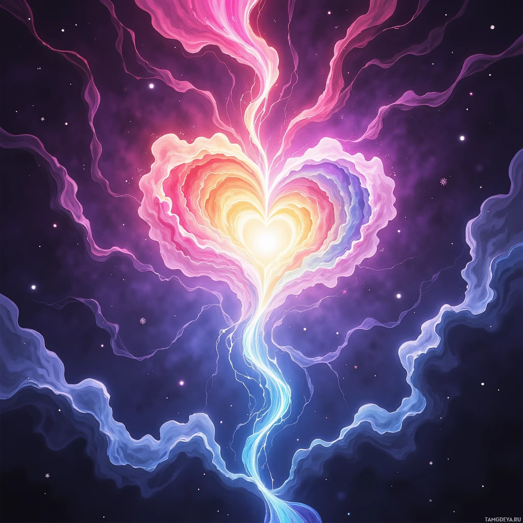 A vibrant, abstract heart-shaped figure with flowing, colorful lines against a dark, starry background.