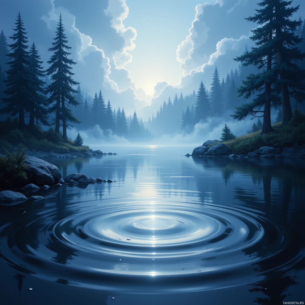 A serene forest scene with a calm lake reflecting the sky and surrounding trees.