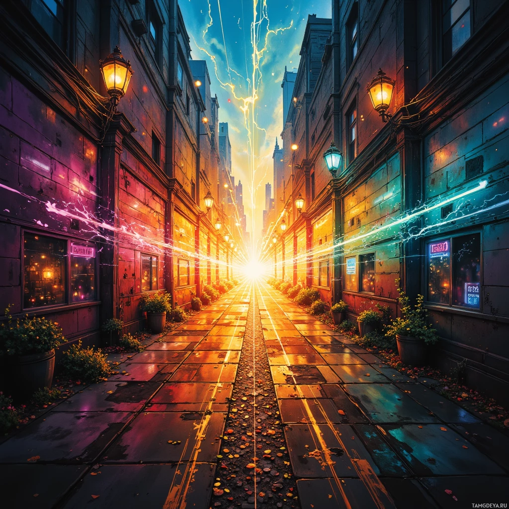 A vibrant, futuristic alleyway with glowing lights and electric energy streaks.