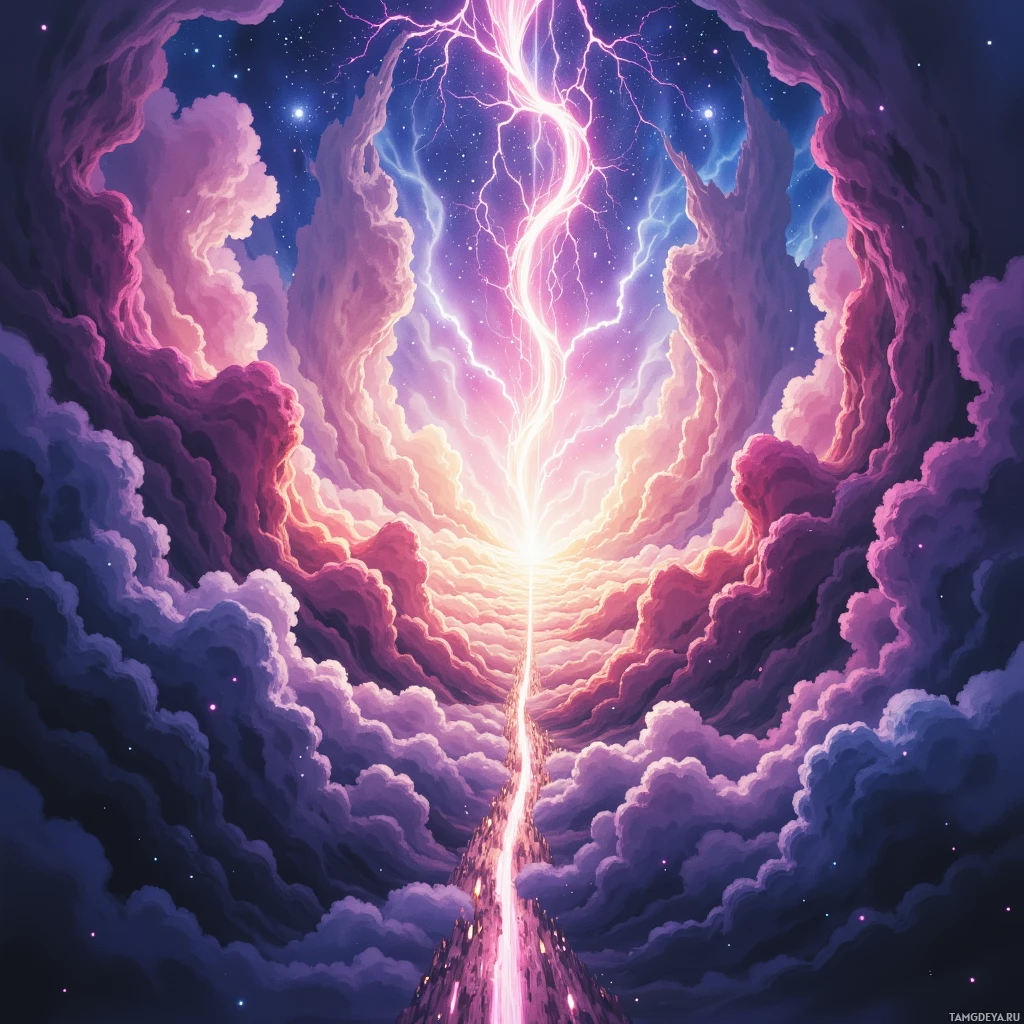 A vibrant cosmic scene with swirling clouds, lightning, and a glowing path leading upwards.
