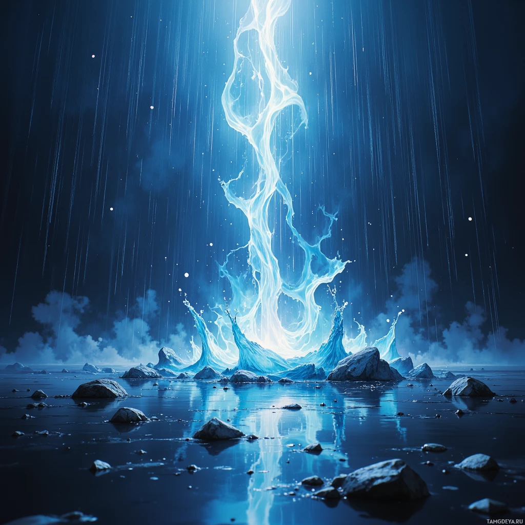 A glowing, ethereal light streams down from the sky, illuminating a serene landscape with rocks and water.